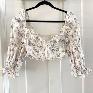 For Love & Lemons Leslie Floral Lilac‎ Square Neck Puff Sleeve Top M Cottagecore